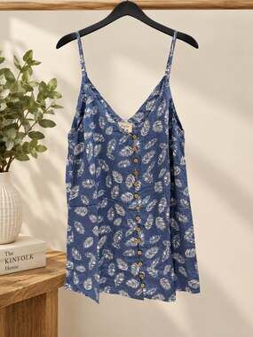 NWT Style Rack Blue Leaf Print V-Neck Camisole Cami Top Tunic Sz S M L